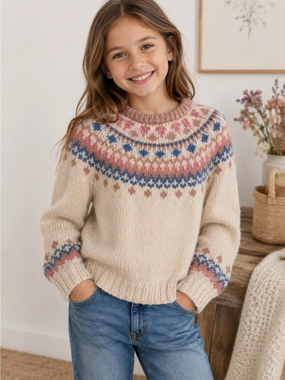 Mayoral Girls Fair Isle Knit Sweater Size 9 Cream Pink Blue Cozy Boutique - Picture 1 of 5